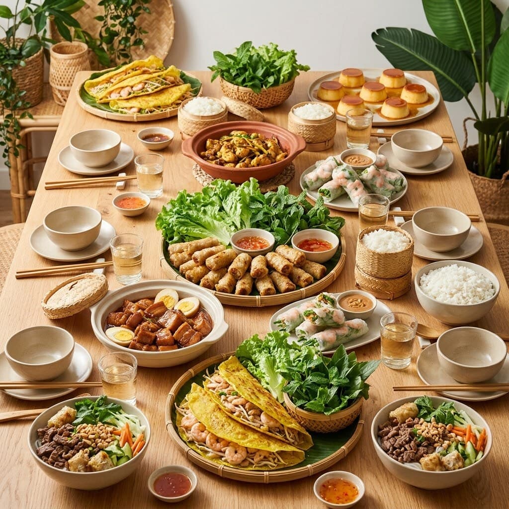 Une table dressée de plats vietnamiens à partager : bánh xèo, nems, rouleaux de printemps, porc caramélisé, herbes et riz